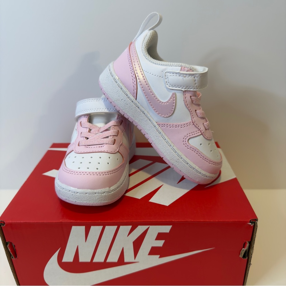Nike Kids Pink and White Low-Top Sneaker with Hook-and-Loop Strap